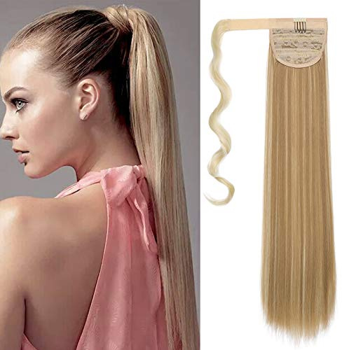 Cybelleza Clip i hästsvans förlängningar, hårdel, som äkta hår, fläta, prisvärd ponytail slät hårkompression, lång lindad värmebeständig (blekt blond och sand-blond)