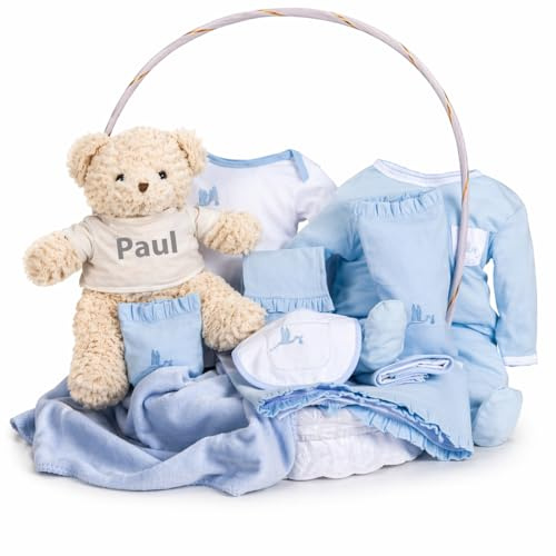 BebeDeParis Luxuriöse Geschenke für Neugeborene, klassischer Babykorb, personalisierbar, 3-6 Monate (Korbgeflecht, Blau) | BebeDeParis