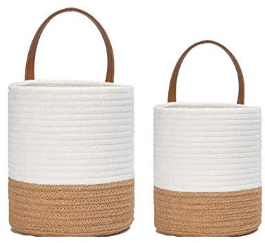 Hängende Aufbewahrungskörbe mit Ledergriff Gewebte zum Pflanzen, Handtücher, Spielzeugaufbewahrung, 2er-Pack (Weiß + Jute)