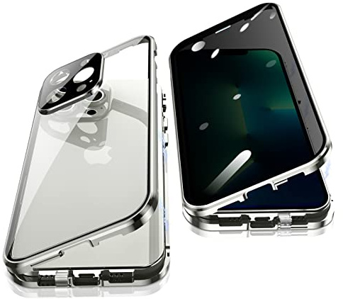 Jonwelsy Anti Peeping Hülle für iPhone 13 Pro Max, 360 Grad Schutz Case, Privatsphäre Gehärtetes Glas Anti-Spähen Cover, Stark Magnetische Adsorption Metallrahmen Handyhülle für 13 Pro Max (Silber)