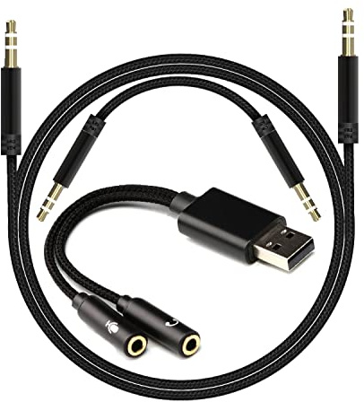 EBEETECH USB to Dual 3.5mm Audio Jack Adapter, Mic-Supported Headphone Adapter for Two Headphones, Speakers to Laptop, with 3-Pole 3.5mm Jack Audio Cables (20cm&100cm) [3 Pack], Black