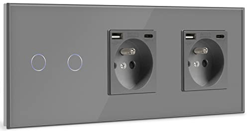 BSEED Interrupteur Tactile avec Double Prise Murale USB et 1 Type C,Or 2 Gang 1 Voie Mural Commutateur de Lumière avec Capteur Tactile Panneau Verre Cristal,Multiprise Murale avec USB(max2.1A)