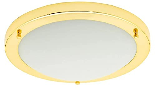 Britalia Polished Brass & Opal White Glass Bathroom Modern Round Flush Ceiling Light | 31cm Diameter | 2 x ES E27 Lamps Required | IP44 Rated | Suitable for Outdoor Use