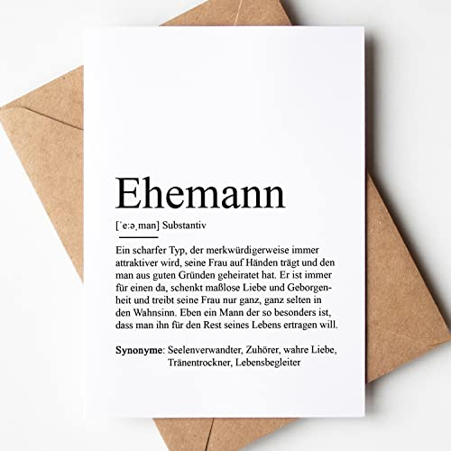 KAMEWI® Grußkarte EHEMANN Definition | Klappkarte mit Briefumschlag aus Kraftpapier | Hochzeit Verlobung Geschenk Mr & Mrs Hochzeitsgeschenk Hochzeitstag Jahrestag Glücklich Liebe Herzensmensch