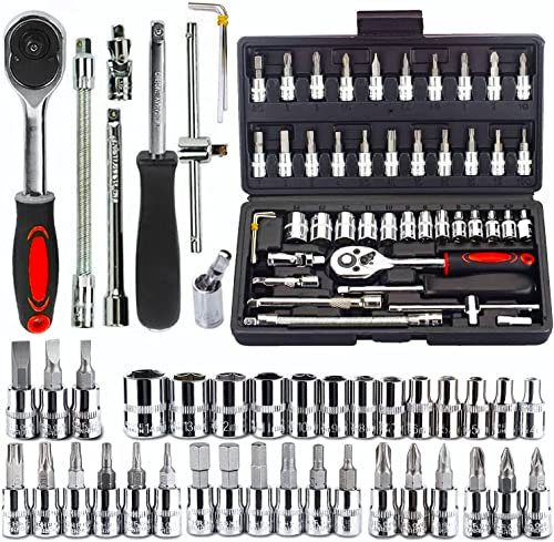 LATERN 46 Stück Steckschlüssel Set, 34 Stück 1/4 Zoll Antrieb Steckschlüssel Bit & Treiber - mit Flexiblen Verlängerungsstangen, Schnellspann Umschaltknarre, Schraubenschlüsselgriff -für Autoreparatur