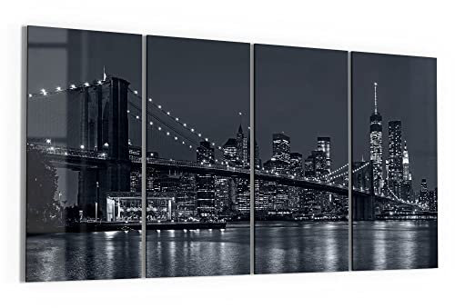 DEQORI Glasbilder Echtglas | Motiv Manhattan Bridge nachts | horizontal 4-teilig 120x60 cm | große XXL Deko | Wandbilder für Wohnzimmer, Schlafzimmer, Flur & Küche | moderne Wanddeko