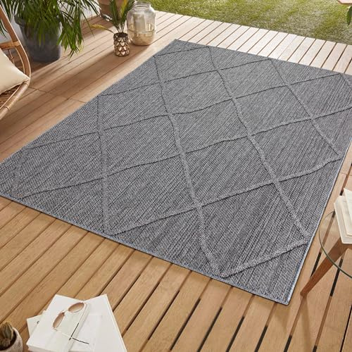 SIMPEX In & Outdoor Bouclé Teppich Läufer wetterfest Grau 80x150 cm Skandinavische Boho Design 3D Hoch Tief Effekt ideal für Flur Balkon oder Küche