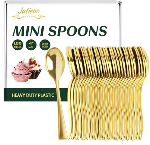 Jutieuo 100CT Mini Gold Spoons 4 Inch Small Plastic Gold Dessert Spoons Disposable Heavy Duty Tiny Spoon for Appetizers Tasting, Cocktail Hors D'oeuvres, Wedding Reception