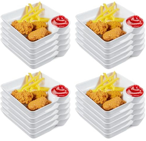 Maxcheck 20-teiliges Servierplatten-Set für Chips und Dips, geteilte Teigtaschenteller mit Soßenhalter, Kunststoff, kleine Chips, Salsa-Servierschale, wiederverwendbar, weiße Chips und Dip-Tablett für