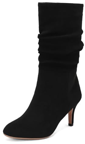 HavueGatue Women's Suede Slouch Boots Kitten Heel Mid Calf Boots Soft Fur Lining Pull on Heeled Slouchy Boot Black Mark Size 43