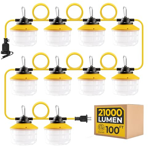 HYANGLUX 100FT 150W Ultra-Bright 21000 lumens Linkable Construction String Lights: Industrial Outdoor/Indoor Temporary Hanging Led Work Light for Attic Jobsite Garage Shop Lighting