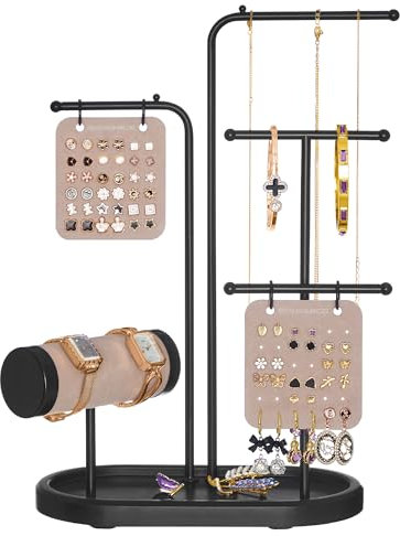 SONGMICS Jewellery Stand, Jewellery Organiser, Jewellery Display Holder with Metal Frame, 2 Earring Boards, 4 Hanging Rods, Necklace Earring Bracelet Holder, for Watches, Ink Black JJS025B01