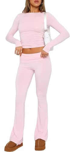 ABINGOO Tuta da Donna Casual 2 Pezzi a Maniche Lunghe Aderente Crop Top Svasati a Vita Bassa Pantaloni Lounge Set Yoga Tuta(Rosa,L)