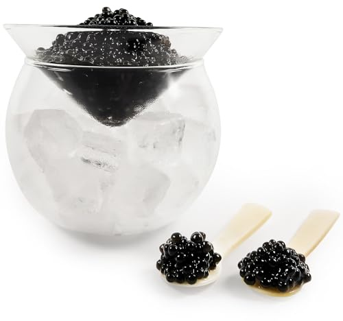 ThougrLyh Ensemble de couverts à caviar en verre avec 2 cuillères à caviar en coquille, avec support à glace pour crevettes, crème glacée, martinis et cocktails, passe au lave-vaisselle