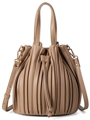 Extolove Beuteltaschen für Damen, Mini-Leder-Kordelzug, Umhängetasche, Geldbörse, plissiert, Schulterhandtaschen, aprikose, Small