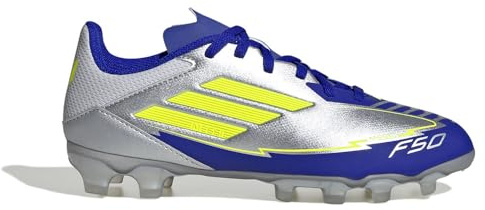 Adidas Unisex - Bambini F50 League Football Boots Multi Ground, Silver Met./Solar Yellow/Lucid Blue, 35 1/2 EU