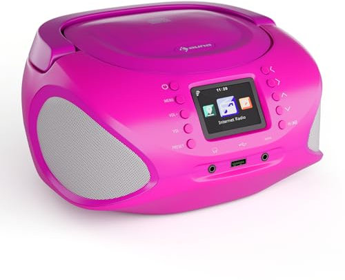 Auna Roadie Smart Portable CD Player – Bluetooth Boombox With Dab+/Fm/Internet Radio, CD/Mp3 Player, 2.4 Tft Display, Battery Operated, 3W Speakers, Aux/Usb, Pink