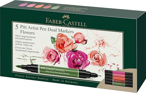 FABER-CASTELL 162007 - Tuschpennor Pitt Artist Pen Dual, 5 markeringspennor med två spetsar – penselspets och fiberspets – filtspennset Flowers