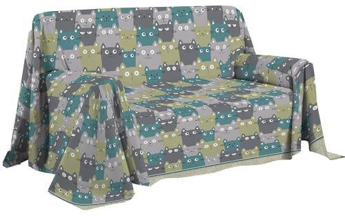 PENSIERI DELICATI Telo Copridivano 250 x 290 cm Made in Italy, Telo Copritutto 100% Cotone Puro, Fantasia Happycat Verde, Ideale come Telo Arredo, Salvadivano o Copriletto Estivo (2 Piazze)