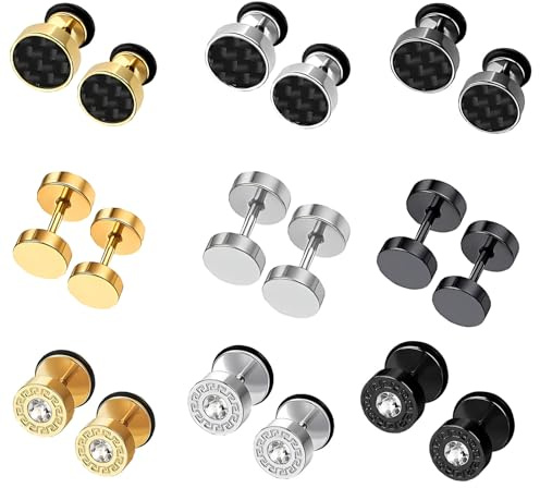HinDaLi 9 Pares Acero Inoxidable Pendientes para Hombre Mujer Niña Pendientes de Botón Hombre Pendientes Mujer Plata Pendientes Hombre Oro Pendientes Diamante Hombre Negro Aretes de Hombre Dorado
