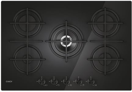 Candy Moderna Gas On Glass Plaque de cuisson à gaz 5 feux, verre trempé, brûleur à double couronne, grilles lavables au lave-vaisselle, axLxP 0,8 x 74,5 x 51 cm, noir - CVG74WTB