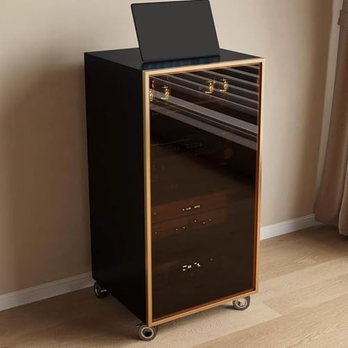 JIAOCKJIAO Moderner Stereoschrank, Beweglicher Audio Rack Hi Fi Regal mit Rollen, Phonoschrank mit Kabellöchern, Record Player Stand mit Verstellbaren Regalen, Glastür(Nero,4 Tier 55x45x100CM)