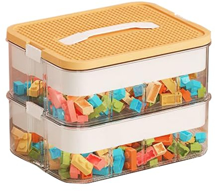 Aufbewahrungsbox mit Deckel für Lego Plastik Stapelbar Lego Box mit Griff Bausteine Boxen Aufbewahrung Spielzeugkiste Transparent Organizer Box Kinder Spielzeugkiste (Doppelschichtig Zitronengelb)