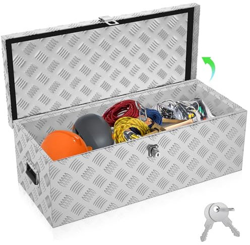 SUBTLETY 170L Aluminium Werkzeugkästen mit 2 Schlüssel Abschließbare Transportbox Wasserdichte Metallkiste Werkzeugkoffer Aufbewahrung Deichselbox mit Deckel Alukiste für PKW Anhänger (Silber)