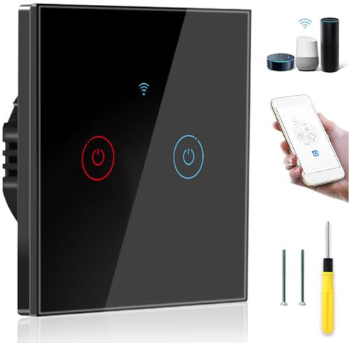 Acmerota WiFi Smart Wall Light Touch Switch Smart Light Switch 2 Gang, Works with Amazon Echo and Google Home, APP Remote Control, Timing Function, Universal for Neutral Live Wire+ Single Live Wire