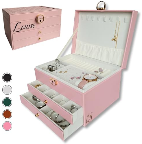 BS Schmuckkästchen für Damen und Mädchen | Personalisierte Schmuckschatulle mit Vornamen für Geschenk - Party | Schmuckaufbewahrung abschließbar mit Schlüssel, veganes Leder, Schmuckorganizer (Rosa)