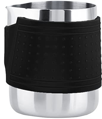 Stainless Steel Milk Frother 350ml | Heat Proof Silicone Cover | Duck - Billed Latte Art Pitcher for Cappuccino/Macchiato | Barista Coffee Jug (Black)
