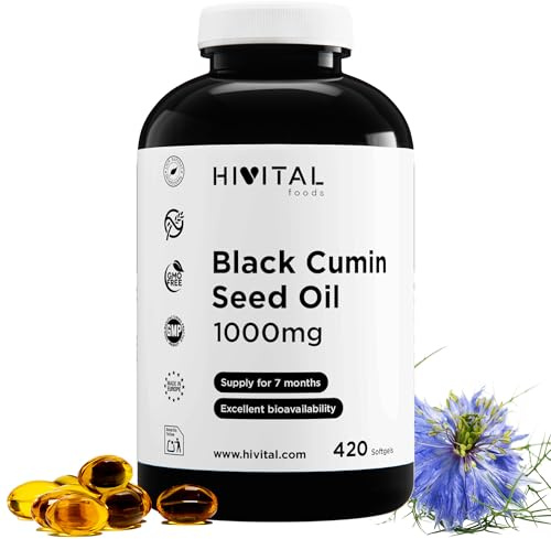 Olio di Cumino Nero 1000 mg. 420 capsule per 7 mesi di trattamento. Olio Naturale di Nigella Sativa Egiziana Spremuta a Freddo con il 55% di Acido Linoleico. Black Cumin. Prodotto in Europa da HIVITAL