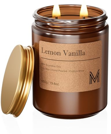 M&SENSE Doftljus i glas Stor, Citron-Vanilj Doftljus, Naturliga Sojavaxljus, Avslappnande present för kvinnor & män, Presenter för jul, födelsedag, 2-docht 550g, 110 timmars brinnande tid