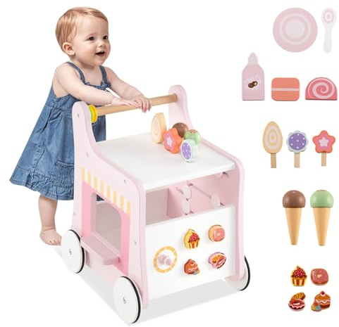 COSTWAY Andador Bebés de Madera 2 en 1, Carrito Correpasillos con Almacenamiento, Tienda de Postres para Niños con Accesorios, Centro de Actividades Montessori para Niños de 1+ Año,Tacata Bebe (Rosa)