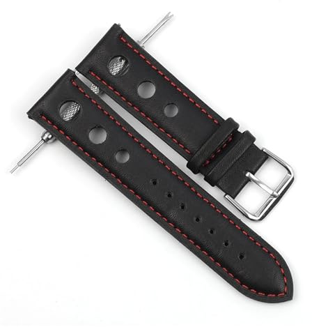 EDVENA 20 Mm Mjuka Svarta Klockband I Äkta Läder Klockarmband I Rostfritt Stål Med Stift Spänne Klocktillbehör(Black-Red Line)
