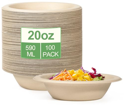 Srtong 100 Pack Paper Disposable Bowls 20oz Brown Heavy Duty for Soup/Salad | Eco-Friendly, Sugarcane Rigid White Bowls Biodegradable Soup Microwavable Compostable Bowl for Party BBQ Picnic