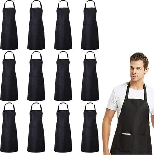 TESIN 18 Stück Schwarze Kochschürzen Set, Verstellbare Latzschürze mit 2 Taschen, Polyester Küchenschürze Unisex für Kochen, Grillen, Backen, Gastronomie und Restaurant