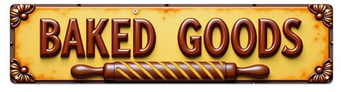 Baked Goods Sign With Rolling Pin And Floral Corners Tin Sign Retro Metal Sign for Cafe Bar Pub Home Game Room Gym Club Wall Decoration Vintage Metal Poster 4x16 Inch