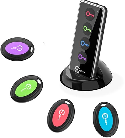 Esky Key Finder Locator with Sound, 80dB Item Trackers with 131ft Range Beeper Tags, Wireless Key Finders for Finding Keys Wallet Remote Control Pet Phone, 4 Receivers & Flashlight
