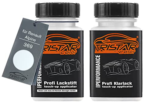 TRISTARcolor Autolack Lackstift für Renault/Alpine 369 Blanc Glacier +1K | Arktis Weiss, Set aus Basislack + Klarlack, Lackfläschchen mit Pinsel, je 50ml