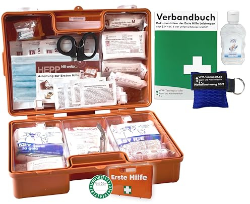 Erste-Hilfe-Koffer M2 für Betriebe nach aktueller DIN/EN 13157 von HM-Arbeitsmedizin mit Beatmungshilfe, Verbandbuch & Hygiene-Ausstattung