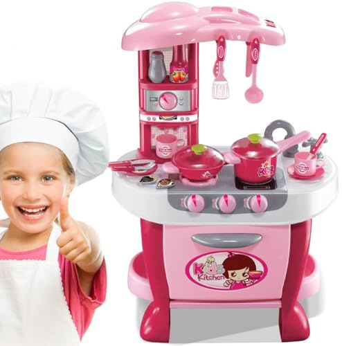 BAKAJI Cucina per Bambine Giocattolo 31 Accessori con Stoviglie Luci e Suoni Altezza 70 cm, Pentole e Padelle, Posate, Fornellino, Barattoli (Rosa)