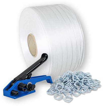 Umreifungsband Set | 16mm Umreifungsband Hotmelt | 500 x Drahtverschlussklemmen | 1 Umreifungsgerät | Für Ladungssicherung und Palettierung schwerer Güter mit Spanngerät | alles im Umreifungsset