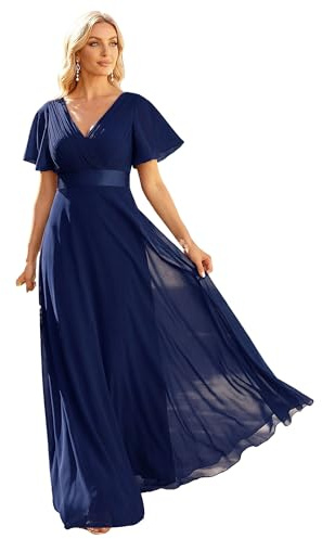 Ever-Pretty A-línea Vestido de Noche Cuello en V Manga Corta Gasa Corte Imperio para Mujer Azul Marino 52