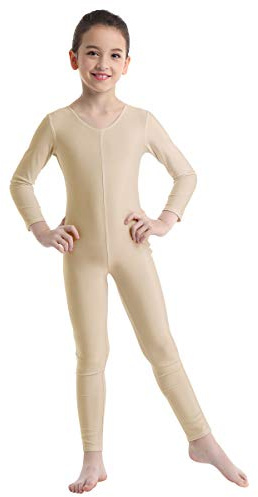 inlzdz Kids Boys Girls Full Length Unitard Solid Color Bodysuit Long Sleeves Ballet Dance Gymnastic Leotard Jumpsuit Nude 8-10 Years