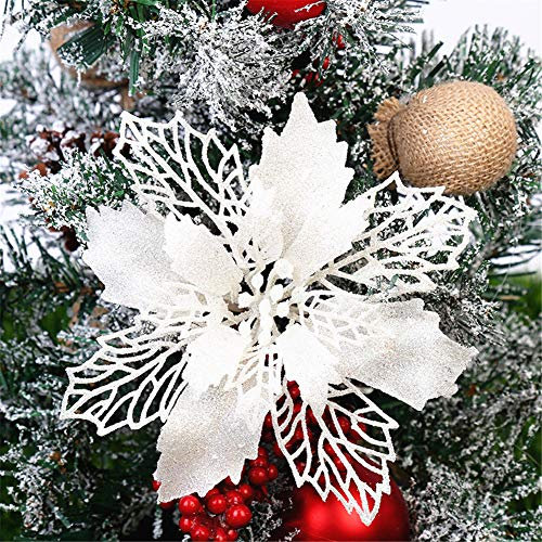 GLITZFAS 12 Stück Glitter Weihnachtsbaum Dekoration, Weihnachtsbaumschmuck Ornament aus Kunststoff, Weihnachten Blumen Dekor, Christbaumanhänger (Weiß,9 cm)