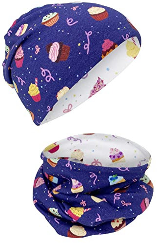 HECKBO Loop Schal & Beanie Kinder Set - Cookies Design - Frühling Herbst - Baumwolle atmungsaktiv - Kinder von 2 bis 8 Jahre (48–54 cm)