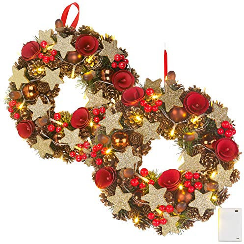Britesta außen-Deko Weihnachten: 2 Weihnachtskränze, 20 warmweiße LEDs, Timer, batteriebetrieben, 28 cm (Türkränze Weihnachten außen LED, Türkranz mit Beleuchtung, Lichterkette)