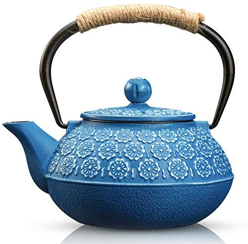 Sotya Tetera japonesa Tetsubin de hierro fundido de 30 onzas líquidas con infusor para hojas sueltas y bolsas de té, tetera recubierta con interior esmaltado para estufa, azul oscuro
