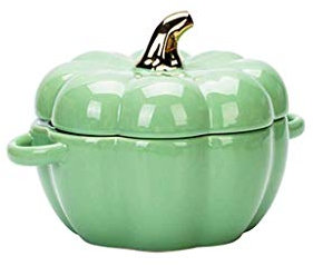 JLWM Calabaza Cuenco para Sopa con 2 Asas, Cuencos para Sopa con Asas Y Tapa De Porcelana Cerámico Horno Microonda Cocina para Fruta Ensalada Postre-verde-400ML